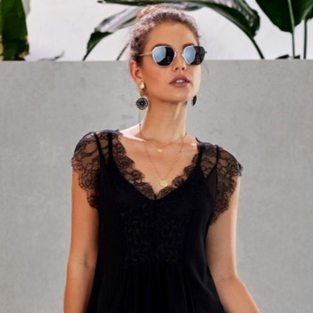 Lace Tank Top with Racerback Cami, Black - Picture 2 of 4